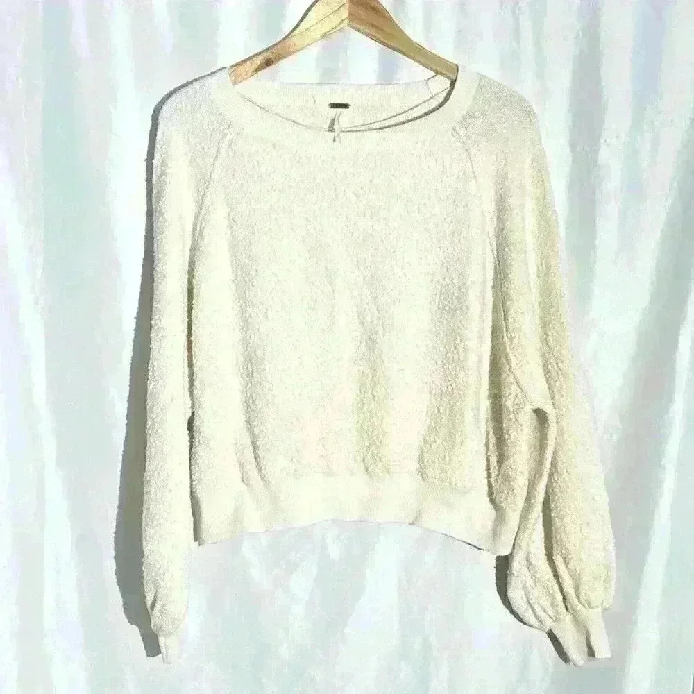 Free People Cream Balloon Sleeve Nubby Knit Sweater Size Large‎ XS